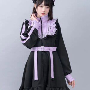 Dear My Love Purple and Black Embroidered Frill Zip Dress and Leg Warmer Set